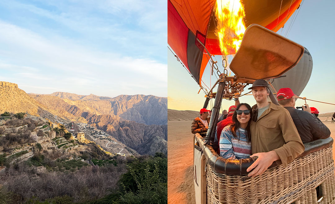 Collage of the ancient terraced villages of Jebel Akhdar and author Sofia smiling in a hot air balloon over the Oman desert.