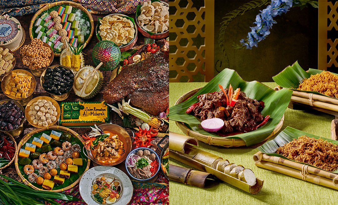 Two luxury Ramadan buffets in Kuala Lumpur for 2026. Left: A colourful spread of traditional Malay kuih-muih and desserts at Latest Recipe, Le Méridien KL. Right: An authentic heritage spread featuring rendang, ketupat, and traditional kampung dishes at Lemon Garden, Shangri-La KL.