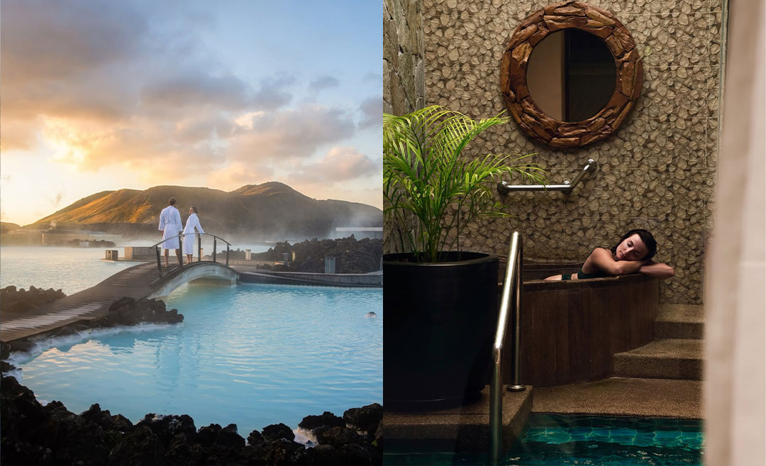 A couple on a bridge at the Blue Lagoon in Iceland (left) and a woman in a restorative soak at the geothermal hot springs of The Banjaran Hotsprings Retreat in Malaysia (right).