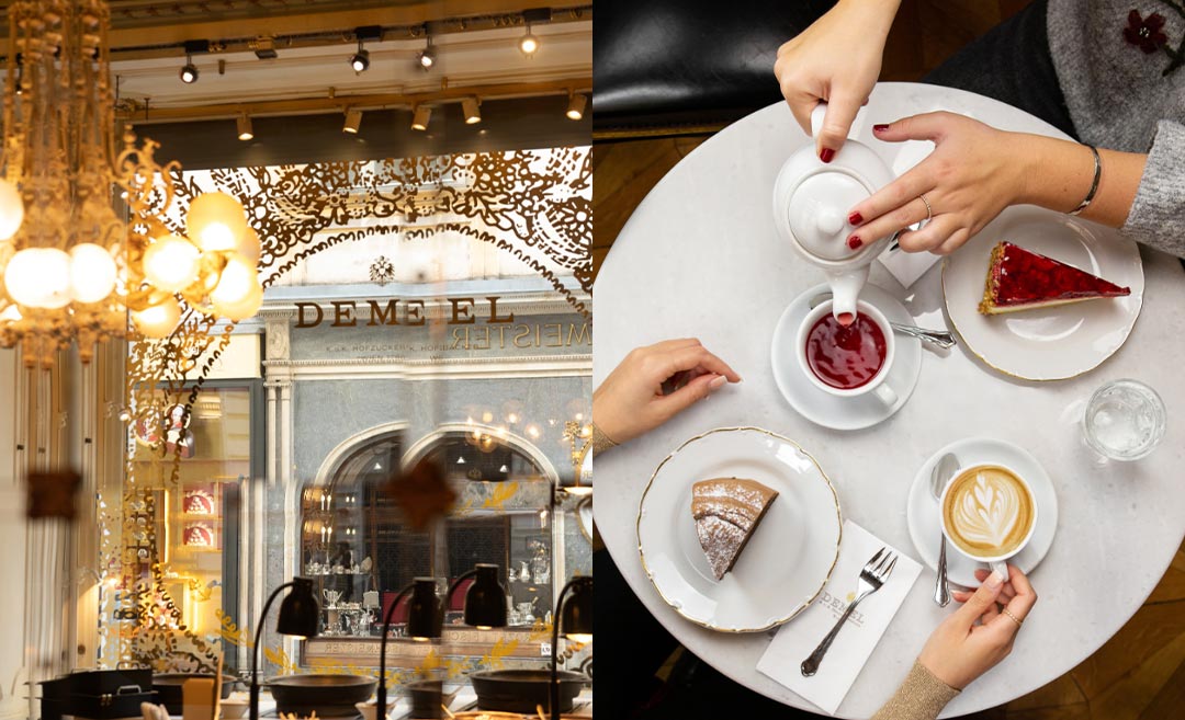 The historic Café Demel storefront window and two women enjoying coffee and cakes.
