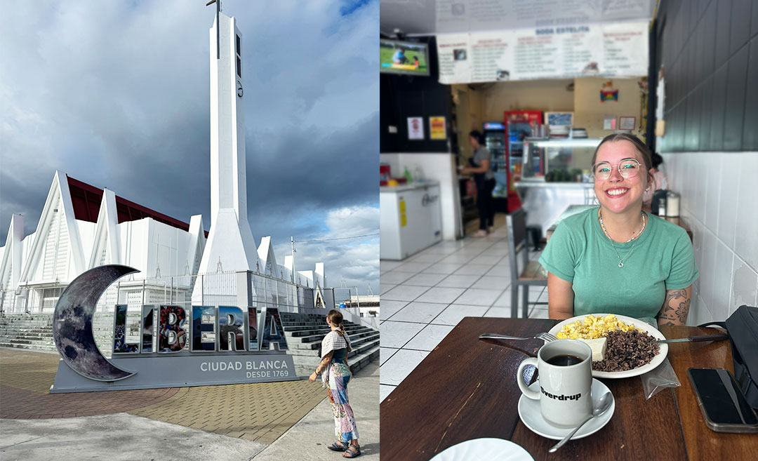 A two-image collage reflecting life in Liberia, Costa Rica, featuring the writer standing before the modern white facade of the Iglesia de la Inmaculada Concepción (left) and a candid moment at her local neighbourhood Soda Estelita (right).