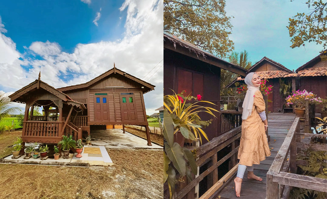 Authentic Malaysian kampung homestays featuring the traditional timber architecture of Rumah Kayu in Bedong, Kedah (left) and a woman walking along the stilted wooden boardwalks of Awi’s Yellow House in Pulau Duyung, Terengganu (right).