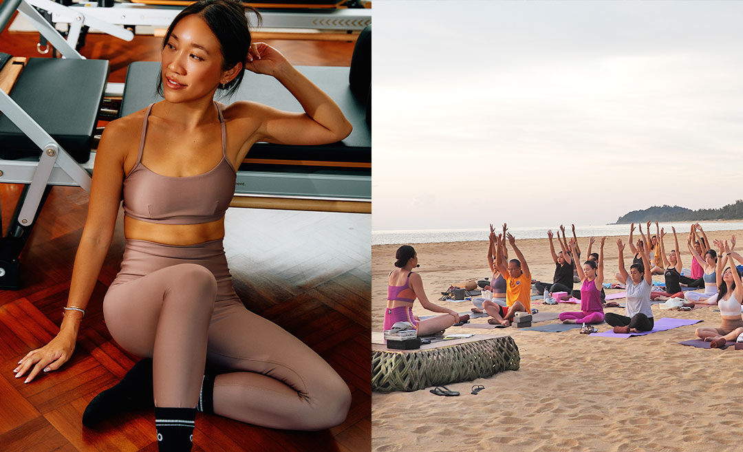 A two-image collage showing (Left) Pilates instructor Joyce Shih in dusty pink activewear by a reformer machine; (Right) a group participating in a beachfront sunrise yoga and Pilates flow at Tanjong Jara Resort.