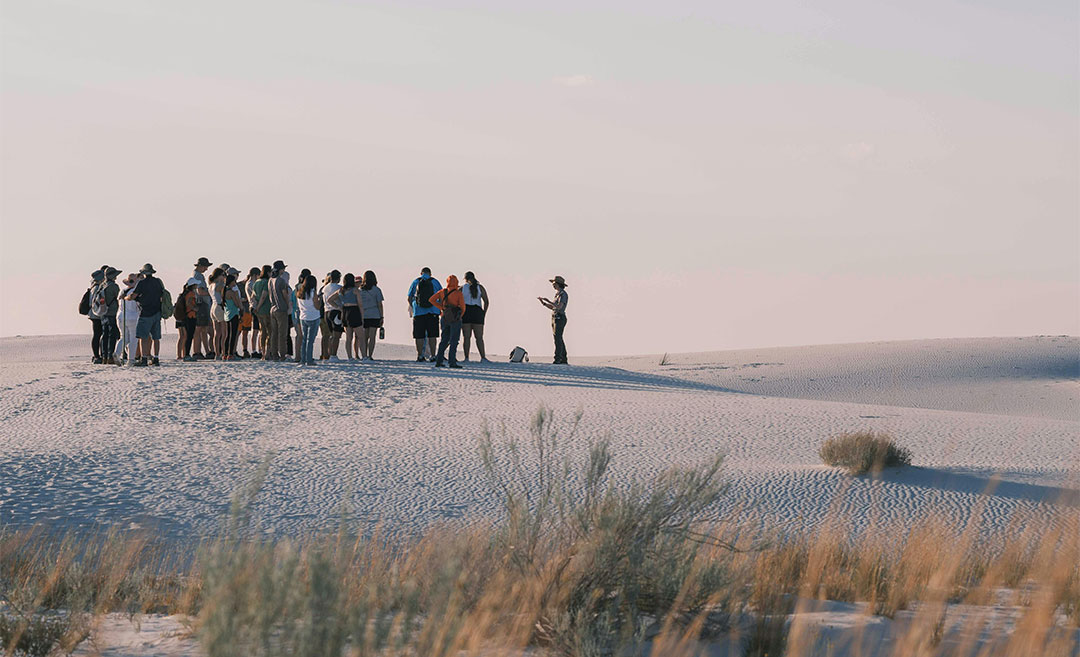 A group of tourists gathering on the white dunes of White Sands National Park, New Mexico, during a guided desert excursion.