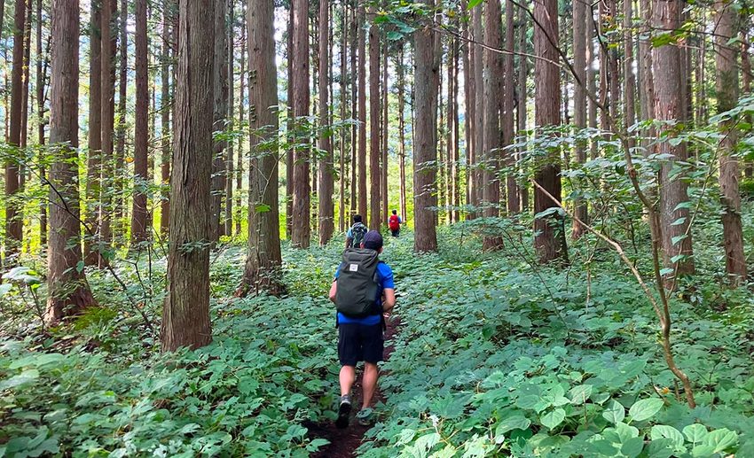 Travellers walking through rural alpine scenery along the ancient Salt Road trading route between Nagano and the Sea of Japan.