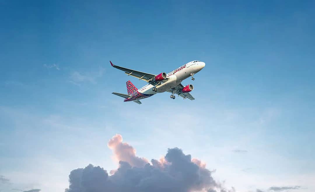 Air passenger aircraft in flight against a blue sky, representing solo female traveller seat selection choices and discounted flight promotions.
