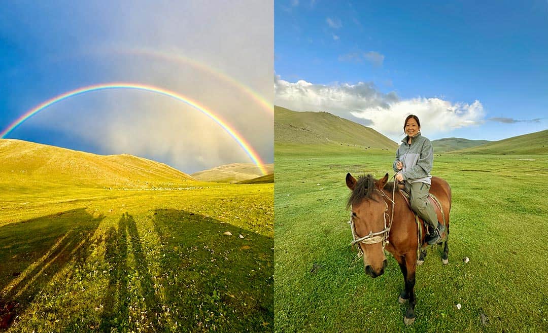 Collage featuring a scenic morning landscape of the green Gobi mountains with a double rainbow alongside Lynette Yee posing on horseback in Mongolia.