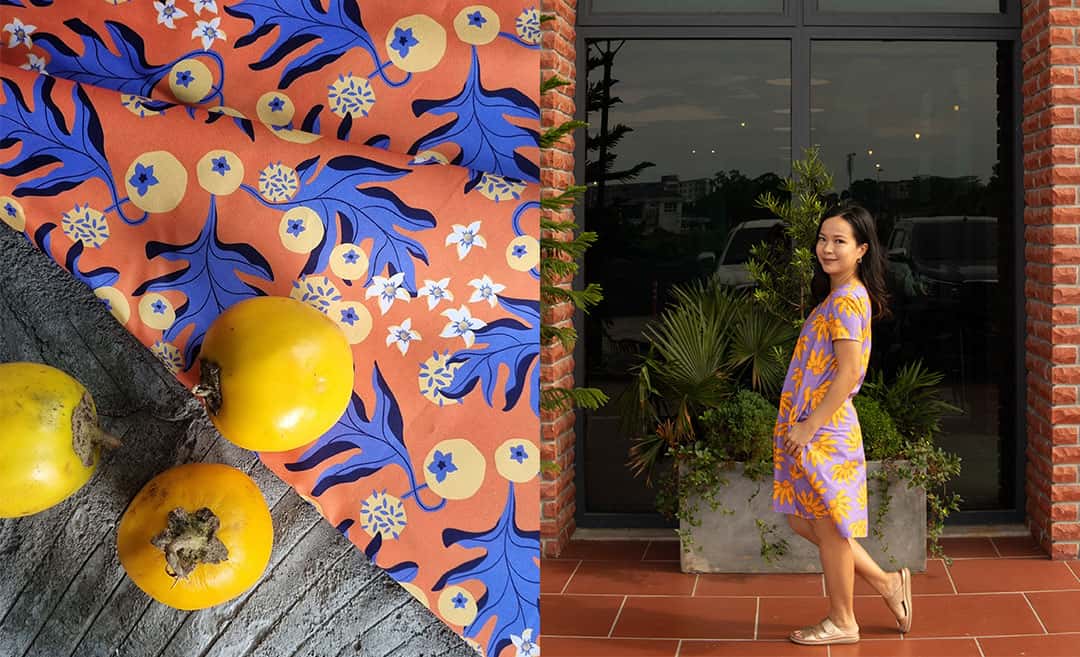 A two-image collage showing a patterned Santan Studio fabric swatch on the left and a portrait of founder Stefanie Sim on the right.