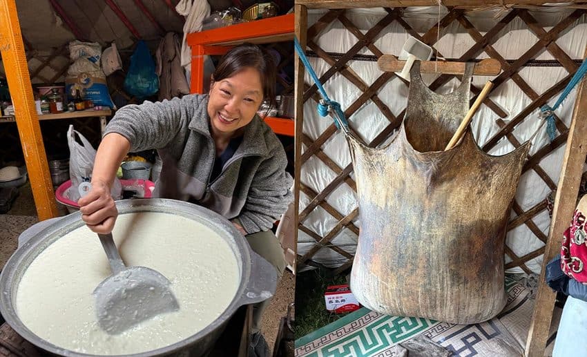 Collage of Lynette Yee stirring fermenting mare's milk inside a ger on the left, and a traditional open leather sack used to store airag on the right.